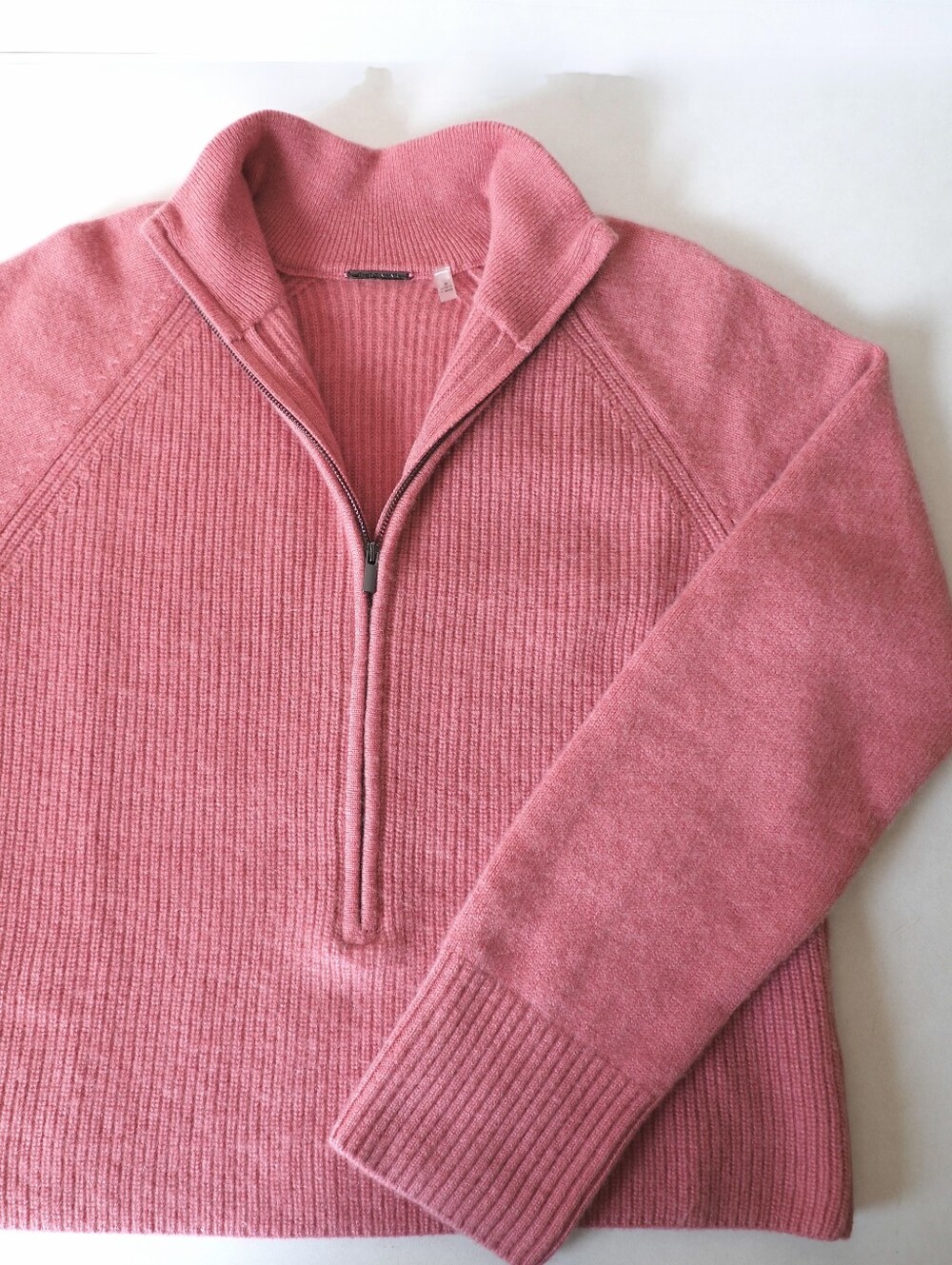 Elie Tahari Cashmere Sweater Zip Up Mock Neck Rose Pink Raglan Sleeve Sporty